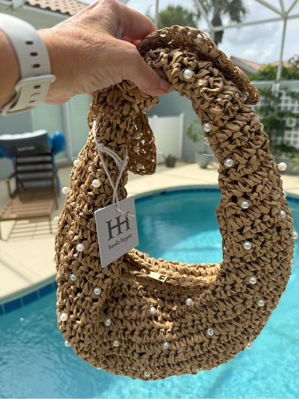 Haute Hippie Crescent Hobo Bag with Pearl Detail - Tan Raffia